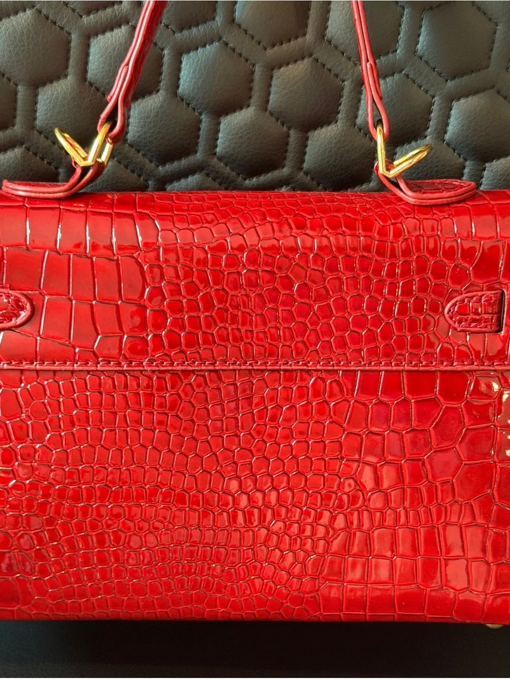 Red Croc-Embossed Top-Handle Bag with Gold Hardware